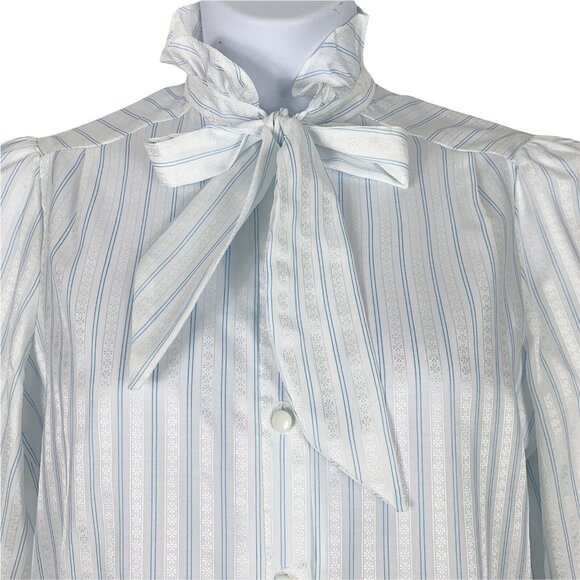 Vintage Blouse Size 14 Neck Bow Striped Button Up Blue White Shimmer Placements - Picture 3 of 5